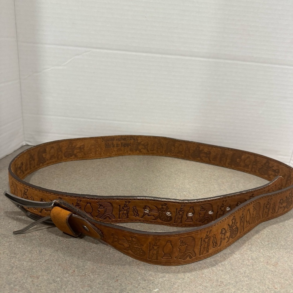 Vintage Egyptian Men’s Tooled Embossed 100% Leather Belt Hieroglyphics 145/44